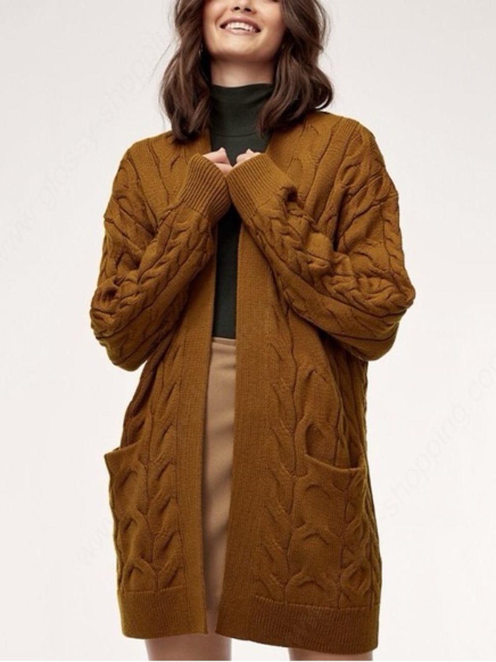 Wilfred Aritzia Charlisa cable knit open front cardigan sweater - Warm caramel